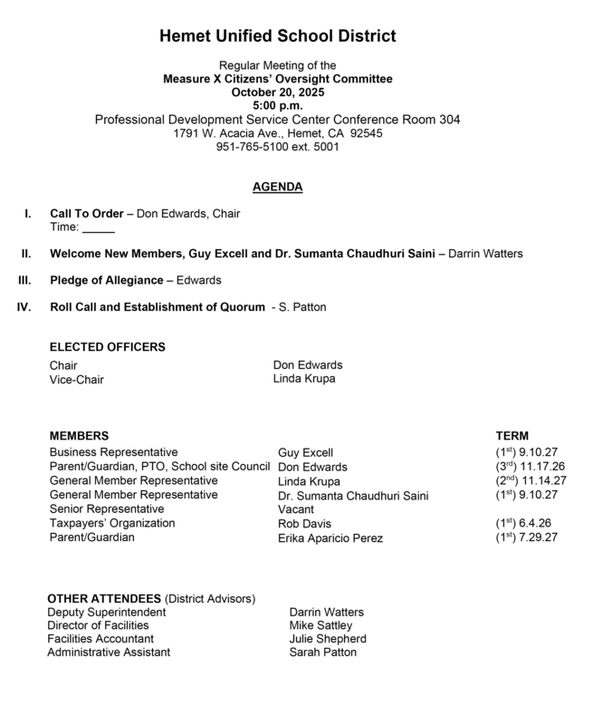Hemet Unified School District  Regular Meeting of the Measure X Citizens’ Oversight Committee 