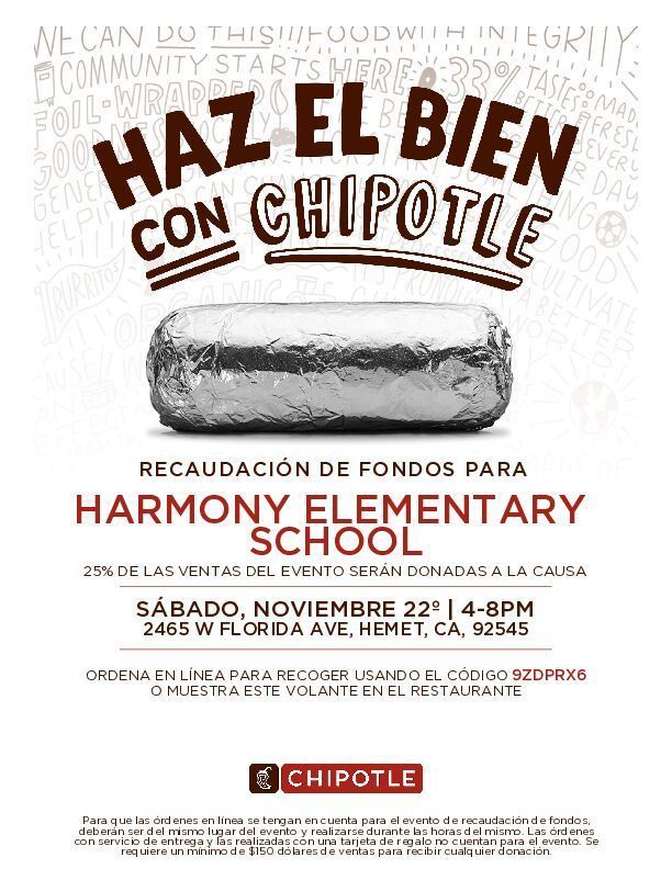 Harmony Elementary fundraiser with Chipotle en Espanol