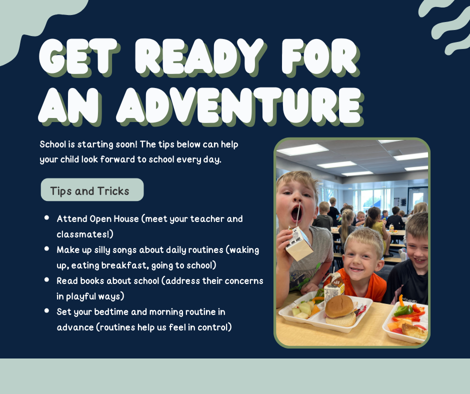 The image gives tips and tricks for preparing students for school such as attending open house, making up silly songs, reading books about school, and setting a bedtime routine.