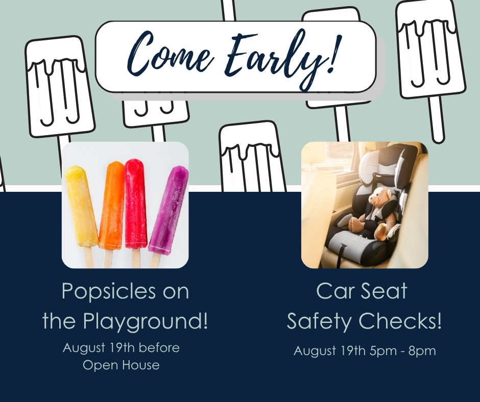 picture of popsicles and car seats and text that encourages people to come early to the event.