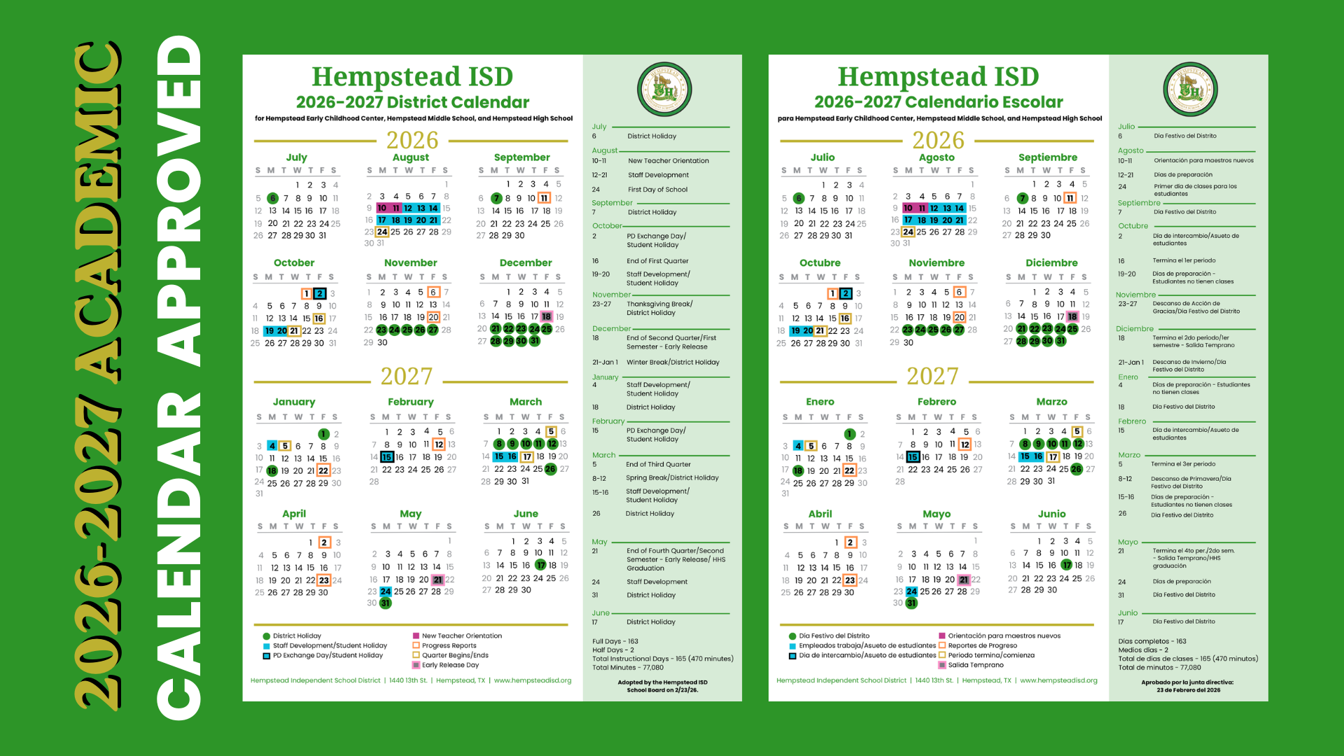 Hempstead ISD Board of Trustees Approves 2026-2027 Academic Calendar | Hempstead High School