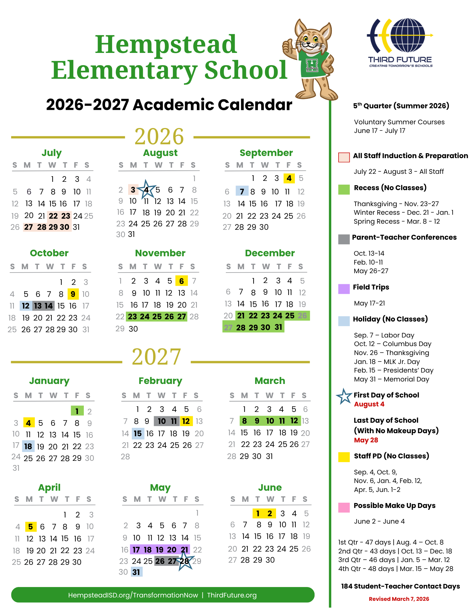 2026-2027 Hempstead Elementary Academic Calendar | Hempstead ISD