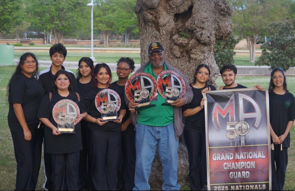 HHS Color Guard with trophies from 2026 National Championship