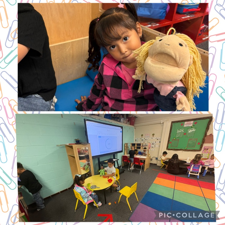 students in library and in play kitchen