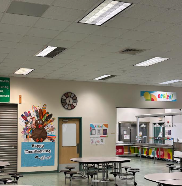 different angle of turkey on wall in cafeteria.