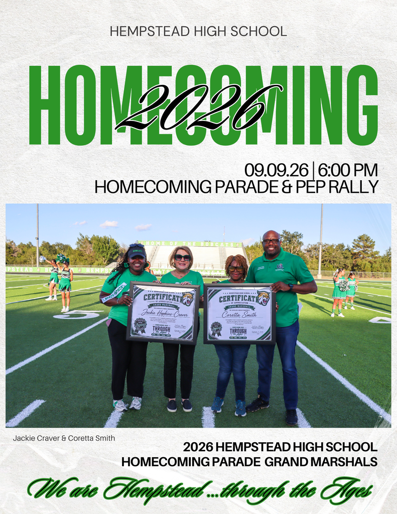 Hempstead High School Homecoming Parade and Pep Rally 2026 Grand Marshals Jackie Craver and Coretta Smith Grand Marshals photographed with HHS Principal Morgan and Superintendent O'Neil