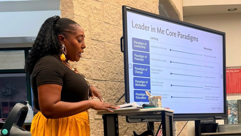 HHS Counselor Natasha Jackson Leading Leader in Me back to school PD.