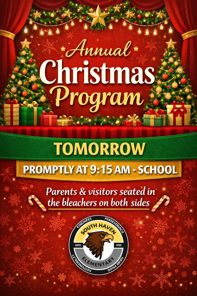 Festive Christmas program announcement graphic with holiday decorations and text reading ‘Annual Christmas Program – Tomorrow at 9:15 AM in the School Gym. Parents and visitors sit in the bleachers on both sides.