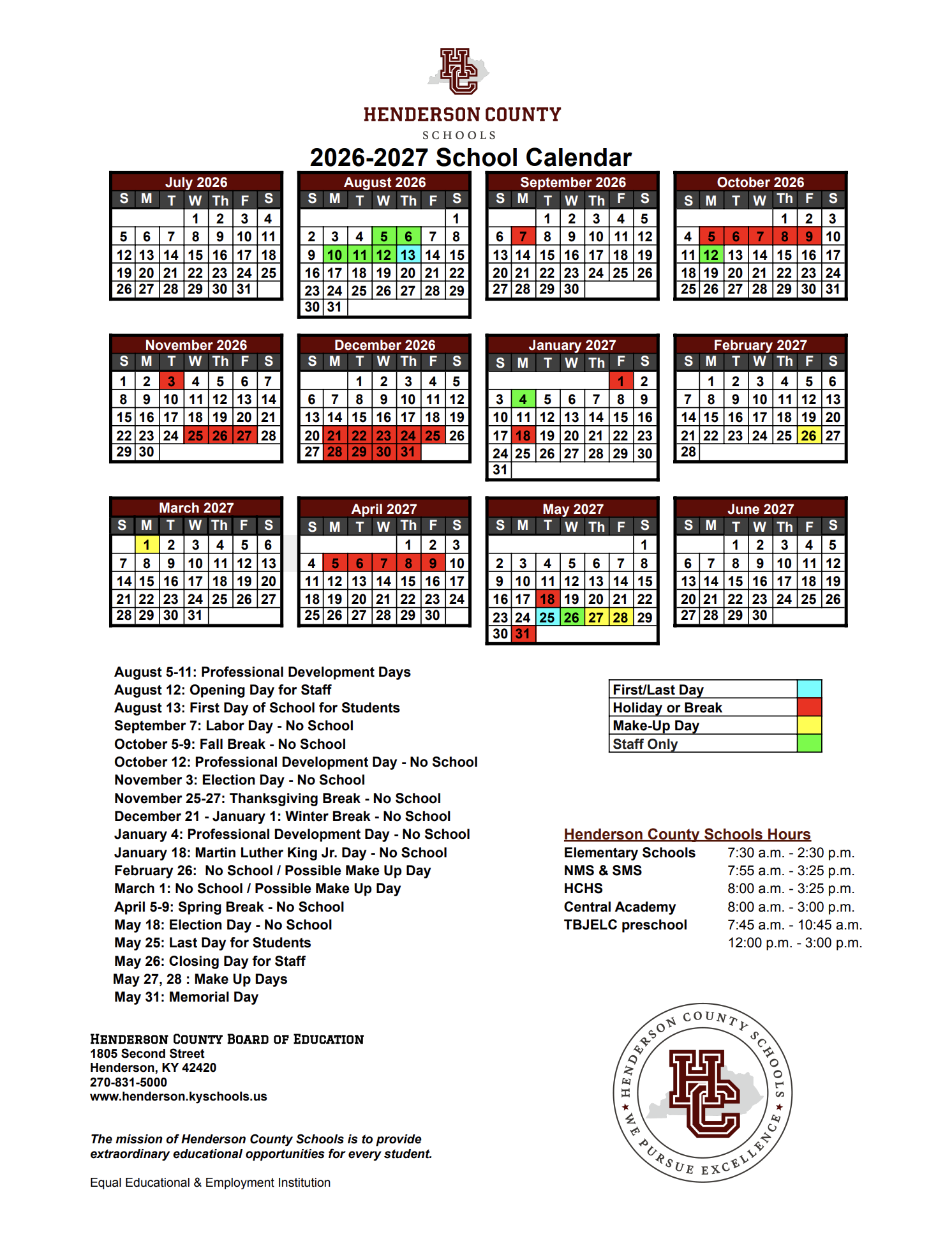 2026-2027 HCS School Calendar | Henderson County Schools