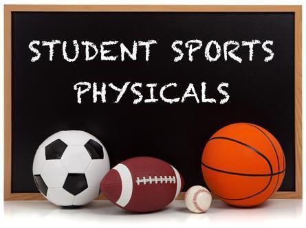 Student Sports Physicals written on chalk board with football, soccer ball, baseball, basket ball