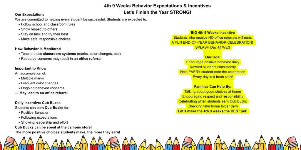 4th 9 Weeks Behavior Expectations & Incentives 