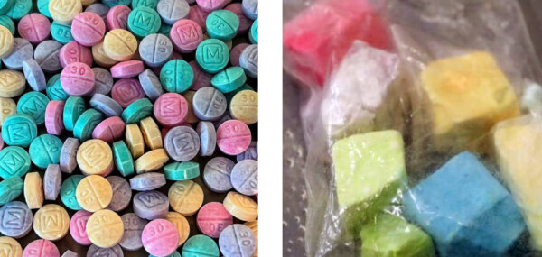 Multi colored pills and fentanyl bricks