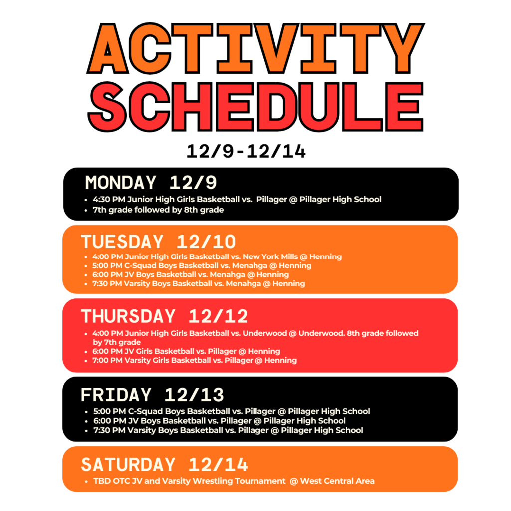 Activity schedule for the week of 12/9-12/14