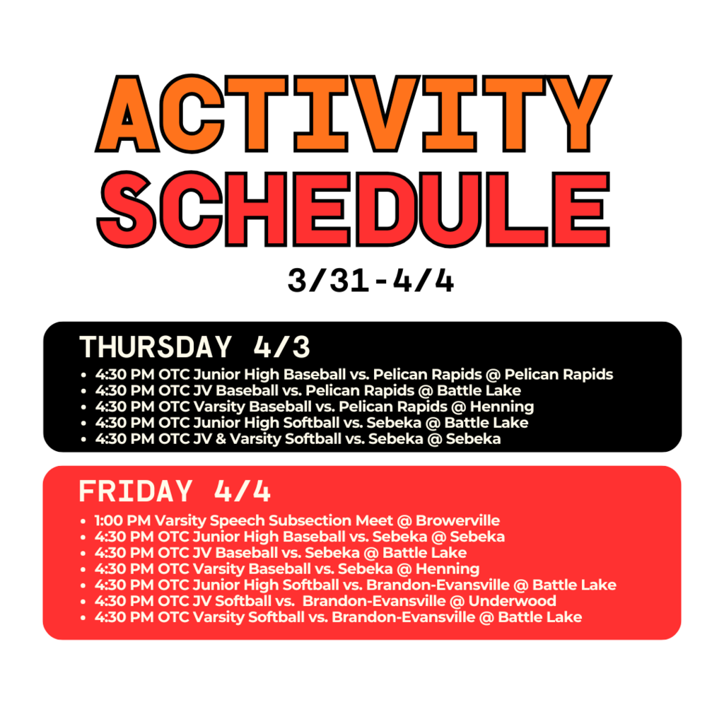 Activity schedule for the week of 3/31-4/4