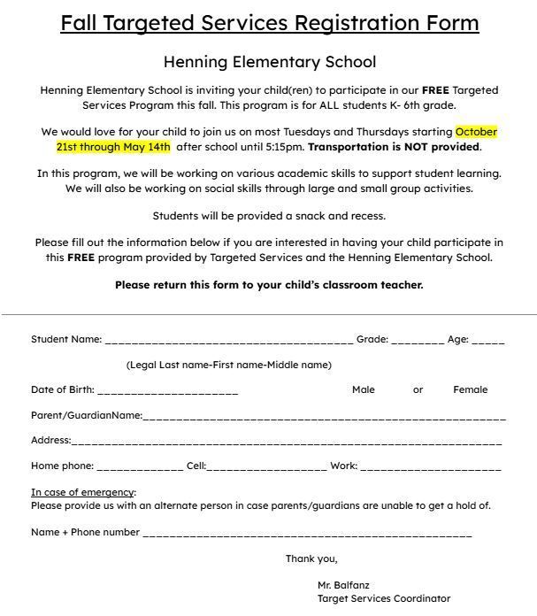 Fall Targeted Services Registration Form