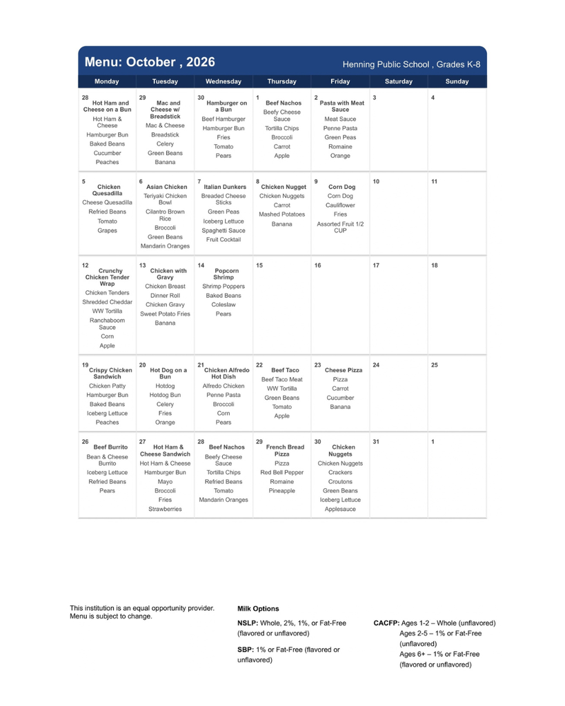 October menu