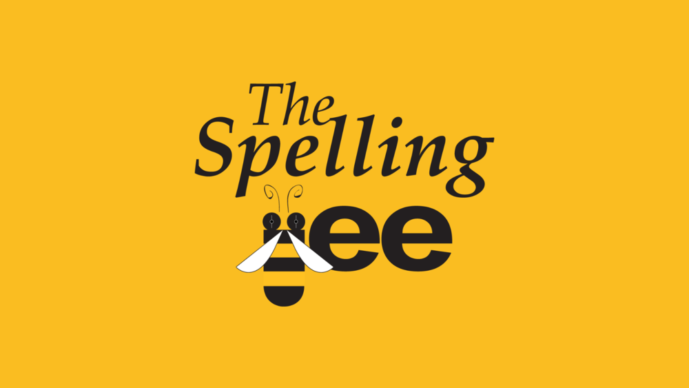 Yellow background with the words The Spelling Bee in black letters, with a bee representing the letter B in the word Bee.