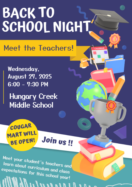 Back to School Night is Wed. August 27th from 6:00-7:30