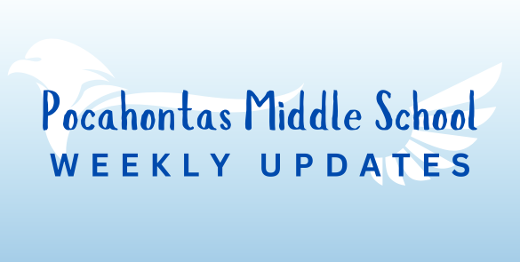 blue gradient background with white background graphics of a hawk's profile and a wing behind the text "Pocahontas Middle School  Weekly Updates"