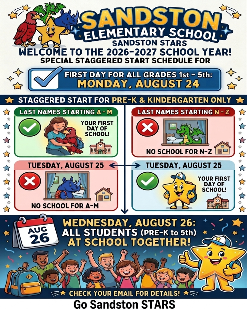 📢 Attention Sandston Families! 📢 Curious about the staggered start schedule for our newest learners this August? We hope this handy infographic helps you understand exactly how your STAR is impacted! 🌟 ⚠️ Please note: This schedule ONLY affects Pre-K and Kindergarten STARS. ⚠️ ALL students in 1st Grade through 5th Grade will report on Monday, August 24th and attend every day. Here is the quick breakdown for our Pre-K & K families: 🗓️ Monday, Aug. 24: 1st–5th Grades + Pre-K/K (Last Names A–M) 🗓️ Tuesday, Aug. 25: 1st–5th Grades + Pre-K/K (Last Names N–Z) 🗓️ Wednesday, Aug. 26: ALL STARS AT SCHOOL TOGETHER!