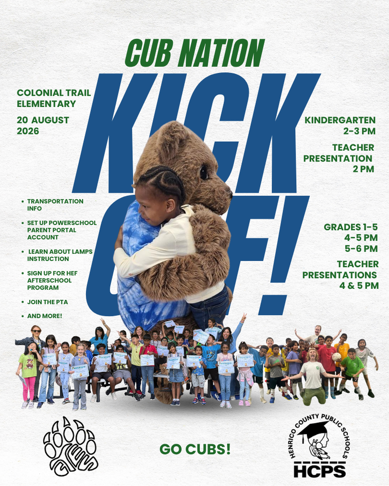 Cub Mascot hugging young boy in front of "Cub Nation Kick Off" words.  long line of people below.  information about event around field of white