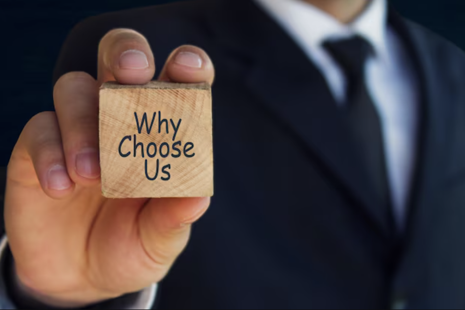 Image of person holding a wooden cube with the words "Why choose us?"