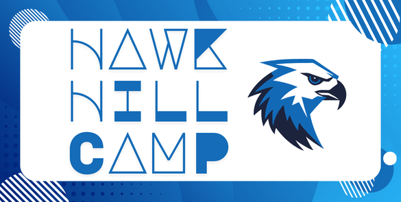 Image of a hawk's face in blue and black with the words, "Hawk Hill Camp"