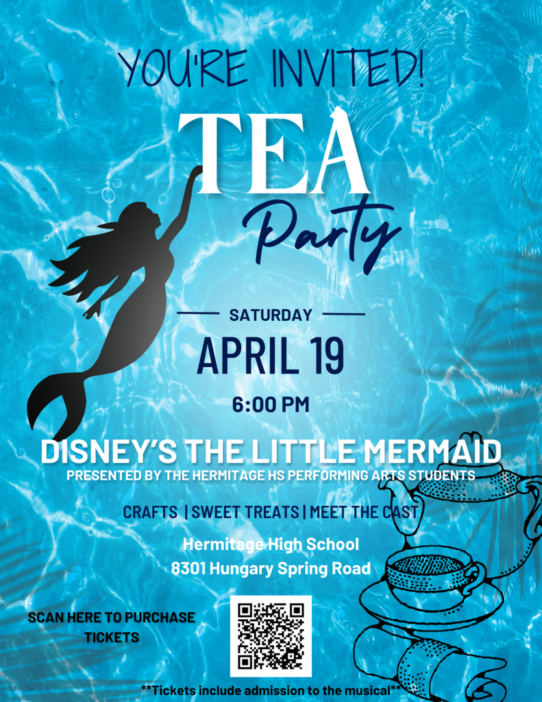 Tea Party Invitation Flyer The flyer is an invitation to a Tea Party event. It includes the following details: Event Title: Party Date: Saturday, April 19 Time: 6:00 PM Location: Hermitage High School, 8301 Hungary Spring Road Invitation Text: "YOU’RE INVITED!" Event Highlights: Crafts: Various creative activities. Sweet Treats: A selection of snacks and desserts. Meet the Cast: Opportunity to interact with the cast members. Additional Note: Tickets include admission to the musical.