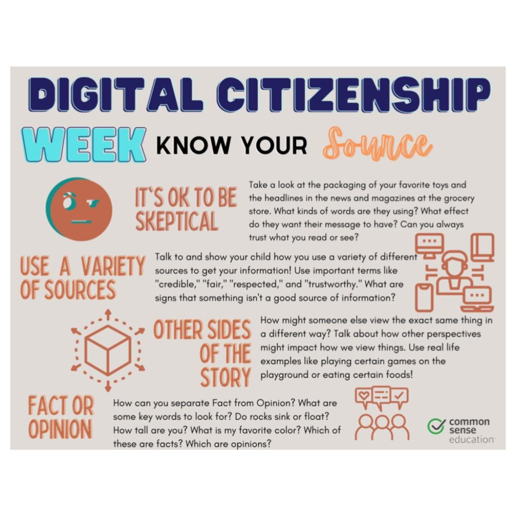 It’s Digital Citizenship Week! 🌐🧠 In today’s digital world, it’s more important than ever to know your source of information. Not everything online is accurate, so take the time to verify and think critically about what you read and share. Let’s practice responsible digital habits by ensuring the information we trust and pass on is credible and reliable. #DigitalCitizenshipWeek #KnowYourSource #ThinkCritically