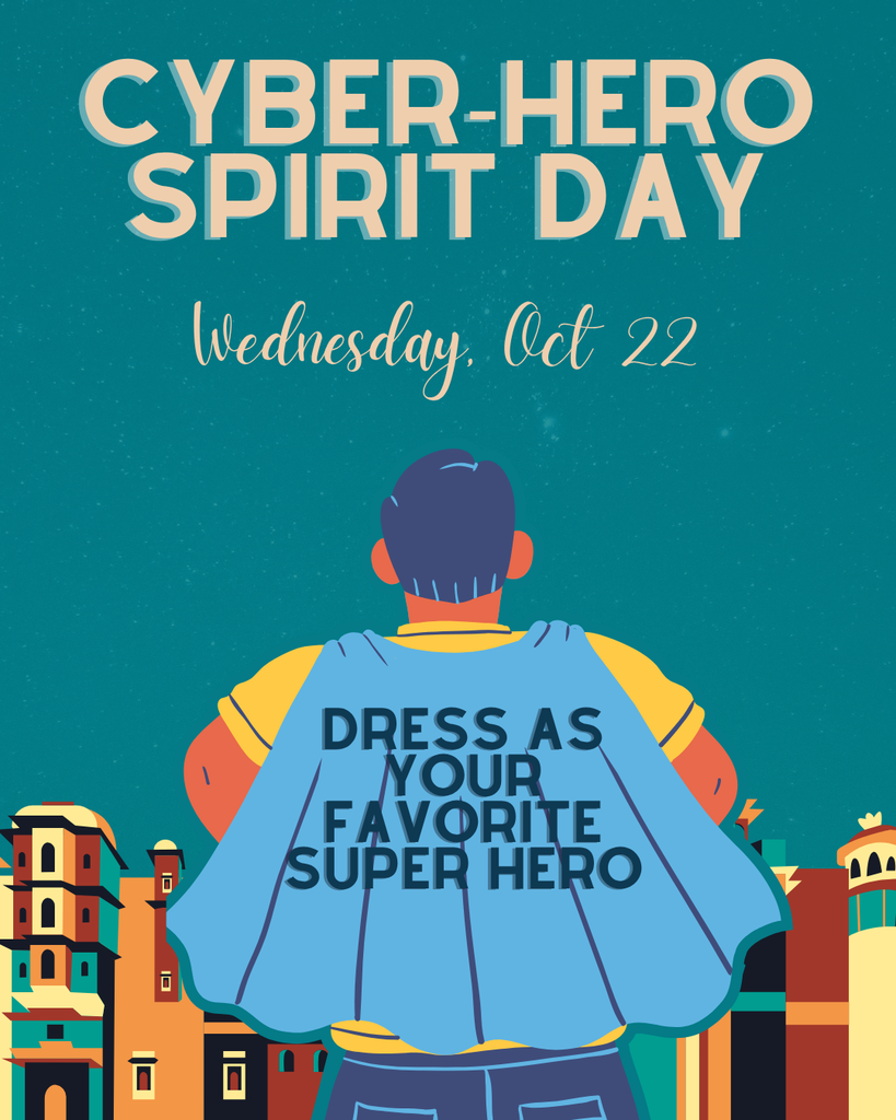 Get ready for Cyber-Hero Spirit Day tomorrow, Wednesday, October 22nd! Dress as your favorite superhero! 🦸♂️ We're celebrating National Digital Citizenship Week by empowering students to be internet superheroes – promoting kindness, responsibility, and online safety. Show your spirit and your super digital smarts! #CyberHero #SpiritDay #DigitalCitizenship #OnlineSafety #Superheroes