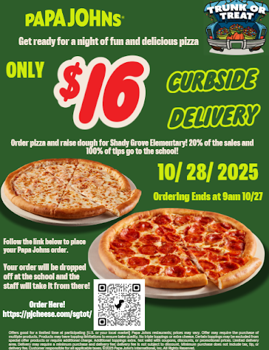 Get ready to feed your house AND support our houses! Papa John’s pizza delivery is coming to Trunk or Treat, and every order counts towards a house competition. The house with the most orders wins 20 house points, a FREE PIZZA coupon for every member of the house, and a HOUSE PIZZA PARTY! Order before 9am on Friday, October 27th and pick up after 5pm at Trunk or Treat. Let the cheesy battle begin 🍕