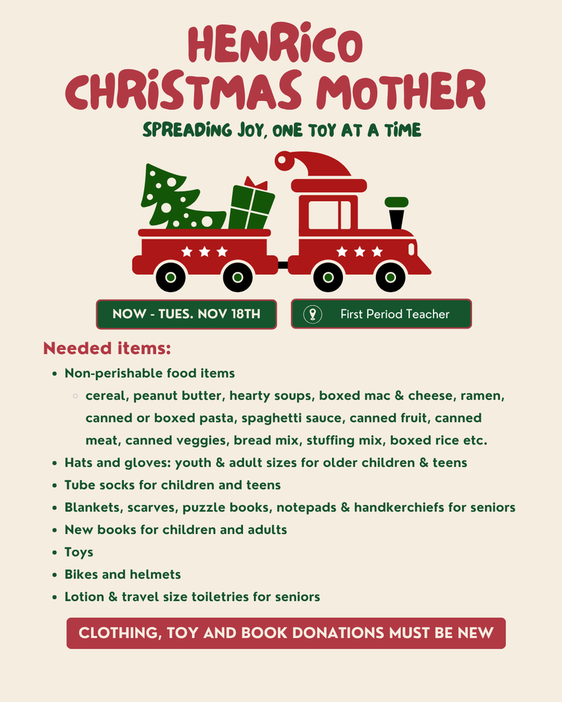 This flyer is a holiday donation drive advertisement for the Henrico Christmas Mother program, with the theme "SPREADING JOY, ONE TOY AT A TIME".  The main graphic features a festive, cartoon red and green Christmas train, with the engine wearing a Santa hat and the freight car carrying a green Christmas tree and a gift box.
