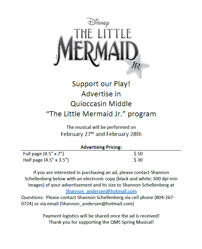 Printed Word advertisement for The Little Mermaid Jr.  For more information, contact Mrs. Calhoun at arbell@henrico.k12.va.us 
