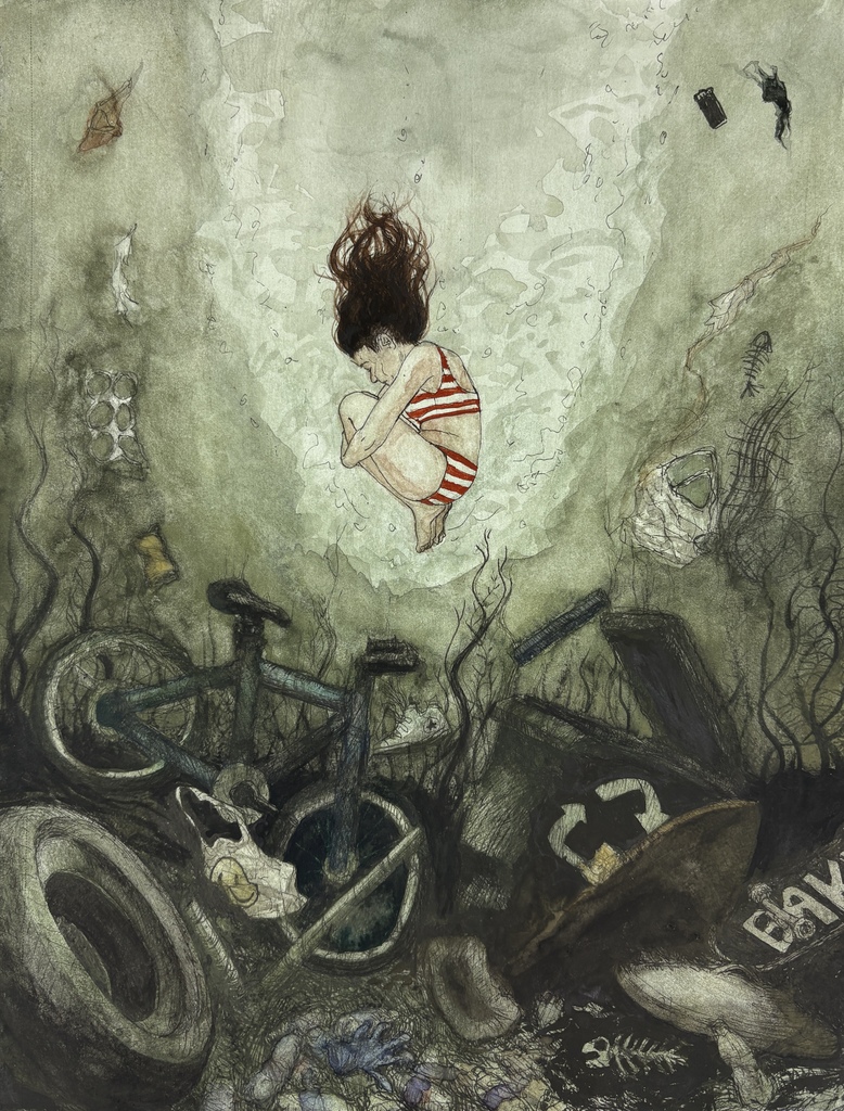 student Zoey Jones artwork shows a person sinking in the water with discarded items on the bottom.