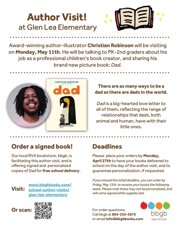 Image announcing the Christian Robinson visit with a link to purchase books at https://www.bbgbbooks.com/school-author-visits/glen-lea-elementary