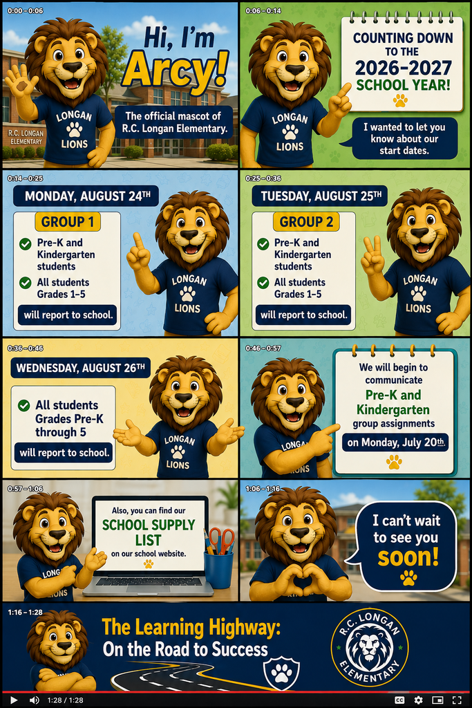 Arcy the school mascot expains that Group 1 of Pre-K and KG students and all students Grades 1-5 start school on 8/24; Group 2 of Pre-K and KG students and all students Grades 1-5 start school on 8/25; and all students Pre-K through 5 report on 8/26