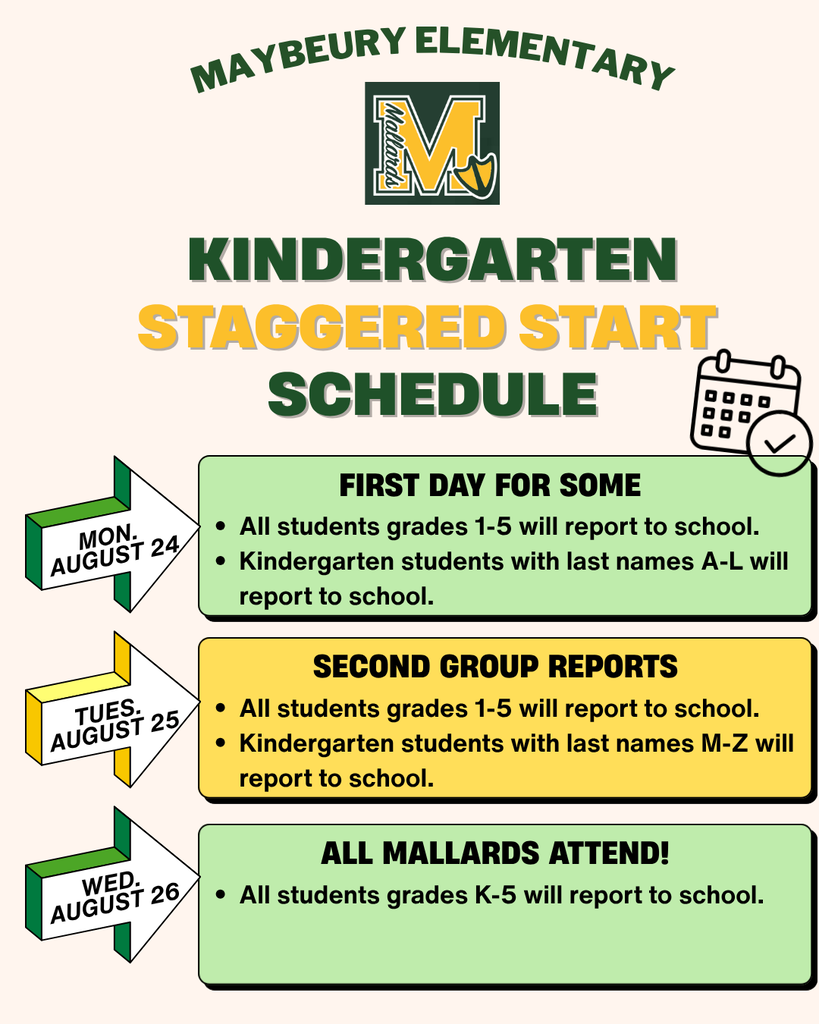 Kindergarteners will follow this staggered start schedule for the school year: August 24- K students with last names A-L, August 25- K students with last names M-Z, August 26- All students will attend