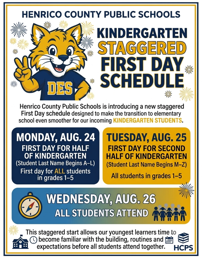 A graphic describing the staggered first day schedule for Dumbarton Elementary School kindergarteners.