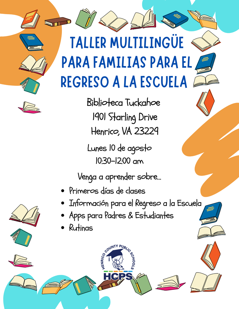 A flyer in Spanish about a back-to-school info session for multilingual families at the Tuckahoe Library on August 10 from 10:30am-12:00pm.