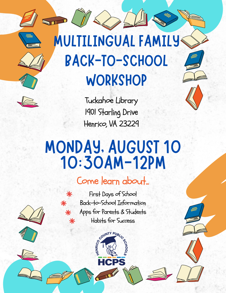 A flyer about a back-to-school info session for multilingual families at the Tuckahoe Library on August 10 from 10:30am-12:00pm.