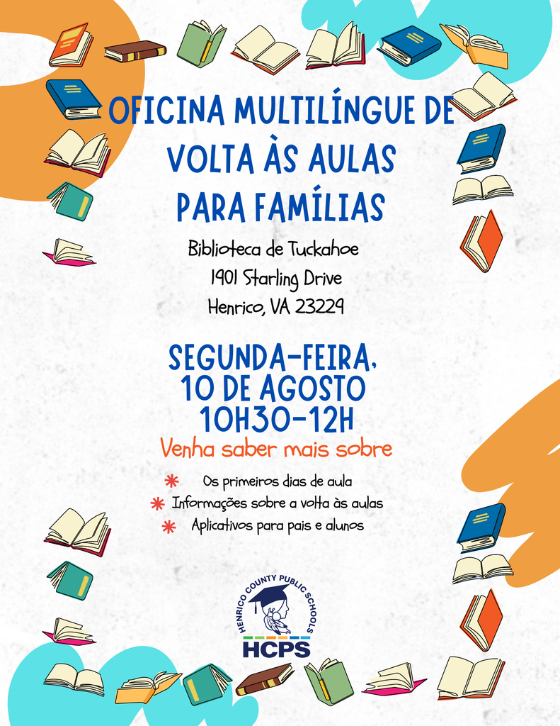 A flyer in Portuguese about a back-to-school info session for multilingual families at the Tuckahoe Library on August 10 from 10:30am-12:00pm.