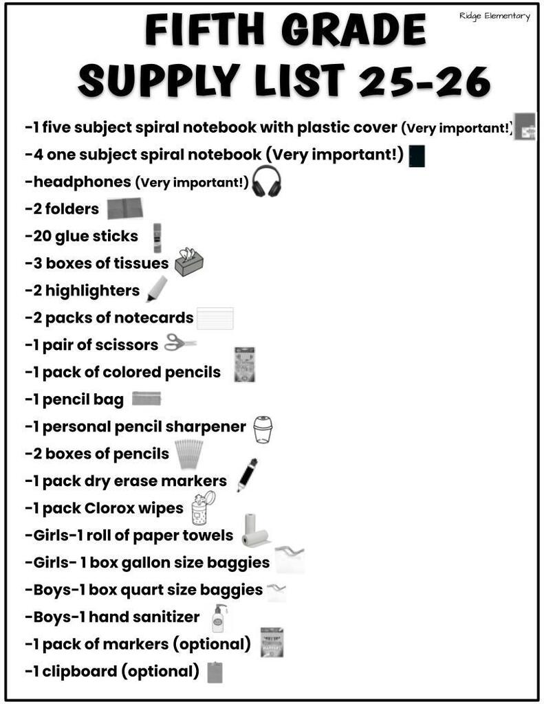 5th Supply List