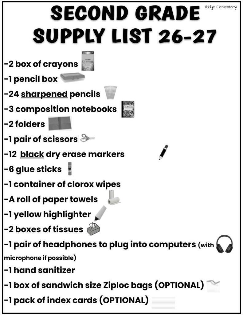 2nd Grade Supply List