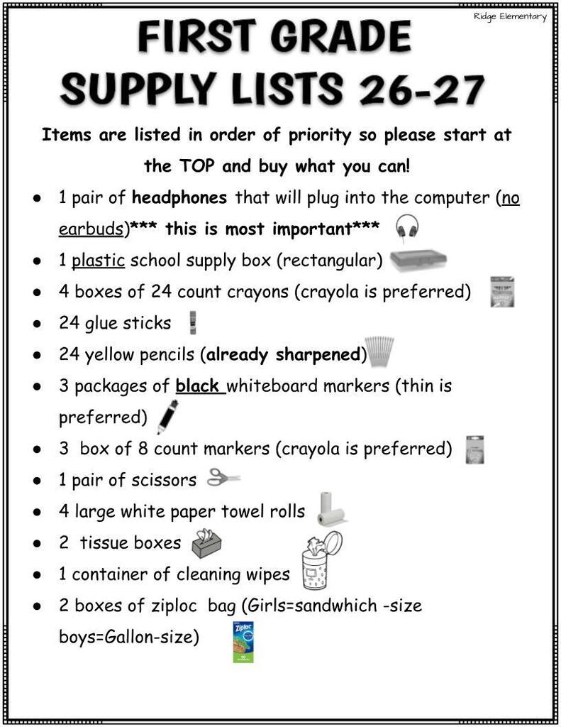 First Grade Supply List