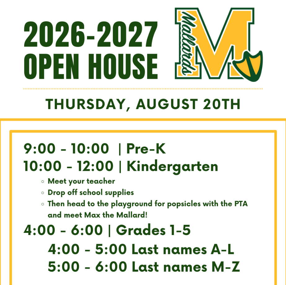 Maybeury's Open House Schedule on August 20th: Pre-K is from 9:00-10:00, Kindergarten is from 10:00-12:00, Grades 1-5 will be from 4:00-6:00. 