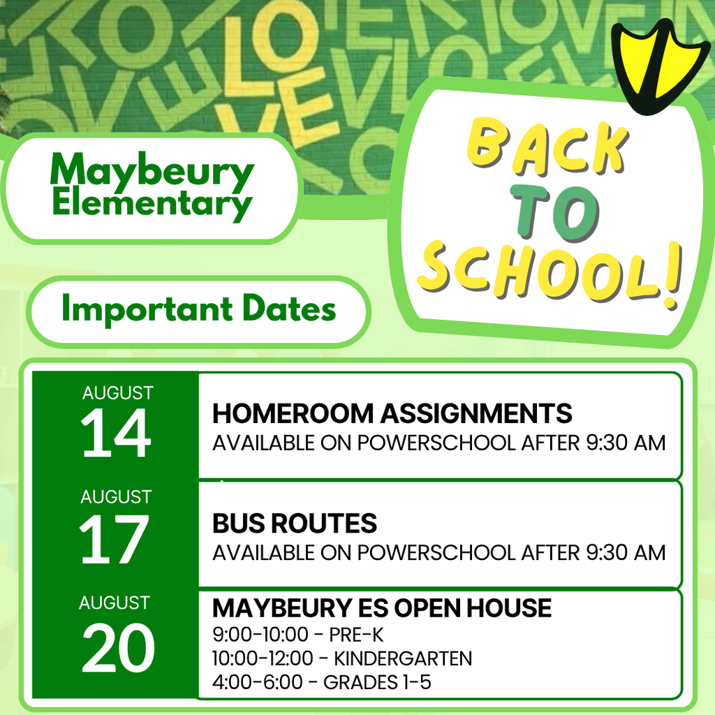 On 8/14 teacher placements will be visible on PowerSchool at 9:30 am. On 8/17 Bus Routes will be available on powerschool after 9:30 am. On August 20th we will have open house. Pre-K will be from 9:00-10:00, Kindergarten will be from 10:00-12:00, and Grades 1-5 will be from 4:00-6:00.