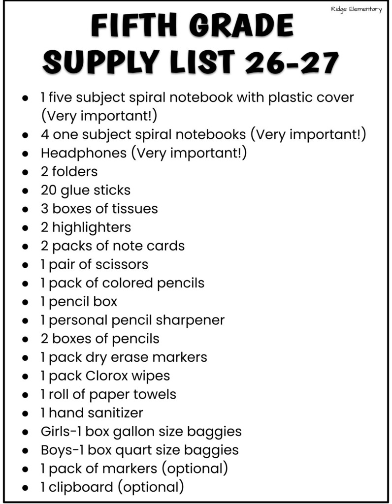 Fifth grade supply list