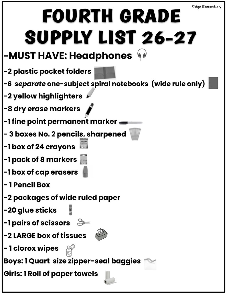 Fourth grade supply list