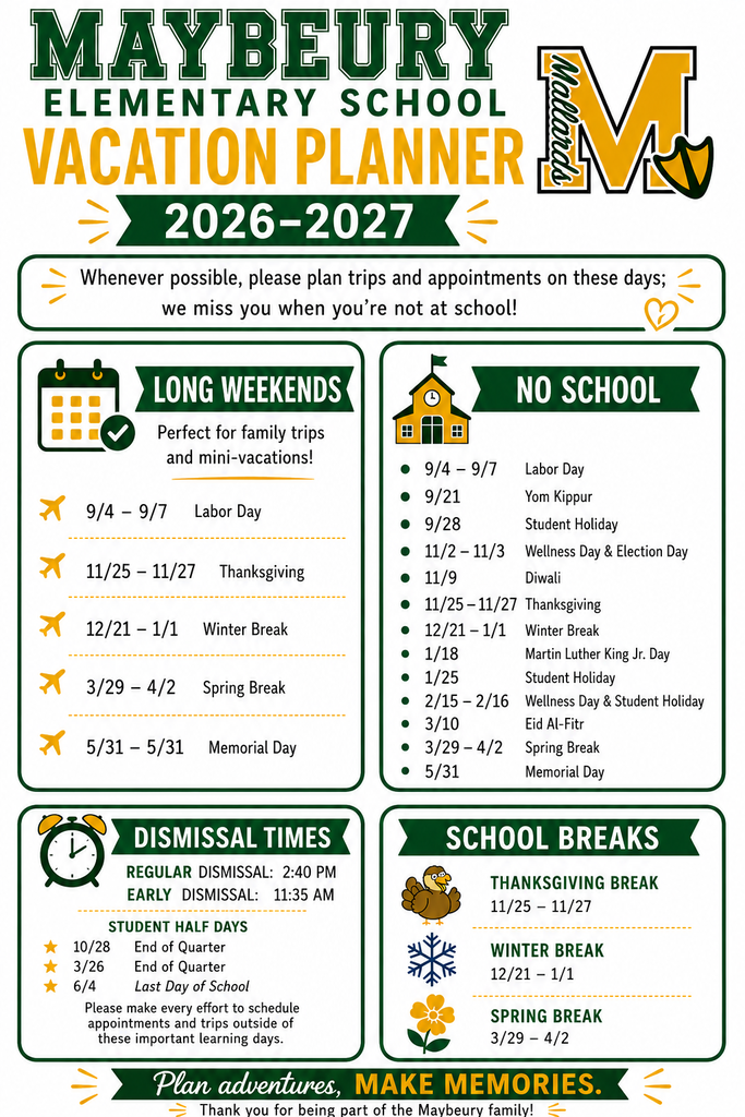 A summary of the HCPS school calendar to provide dates for appointment and vacation scheduling