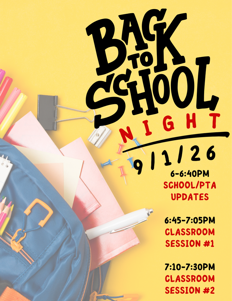 🎉 Back to School Night is TONIGHT! We can't wait to see you this evening, September 1st, to kick off a great school year, meet our amazing teachers, and hear key updates. Here is tonight's schedule so you can plan your visit: 6:00 - 6:40 PM: School & PTA Updates 6:45 - 7:05 PM: Classroom Session #1 7:10 - 7:30 PM: Classroom Session #2 📍 Quick Reminder: Tonight's event is for adults only. See you all very soon! 👋🎒✨